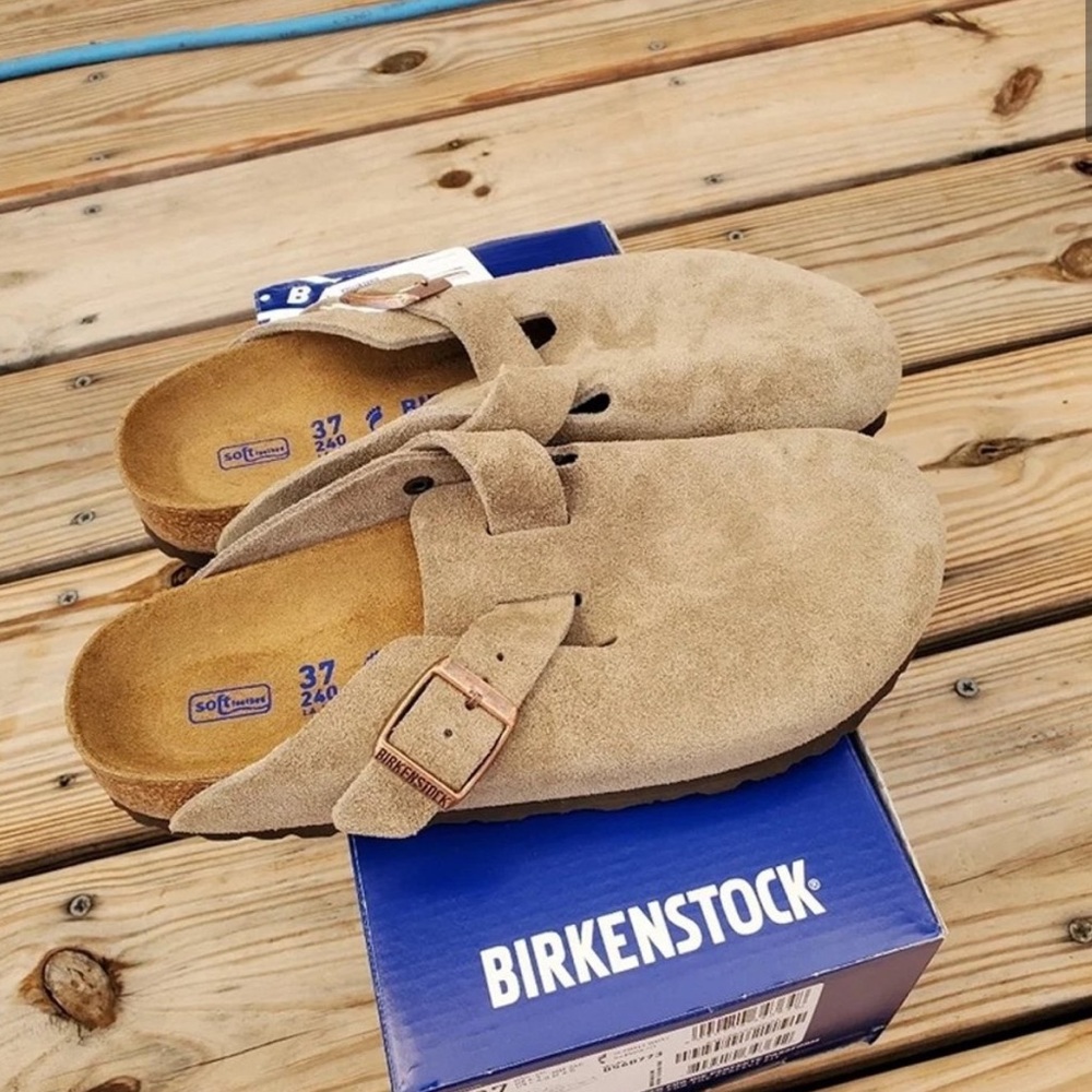 Birkenstock Boston taupe suede wide footbed clogs width size 37